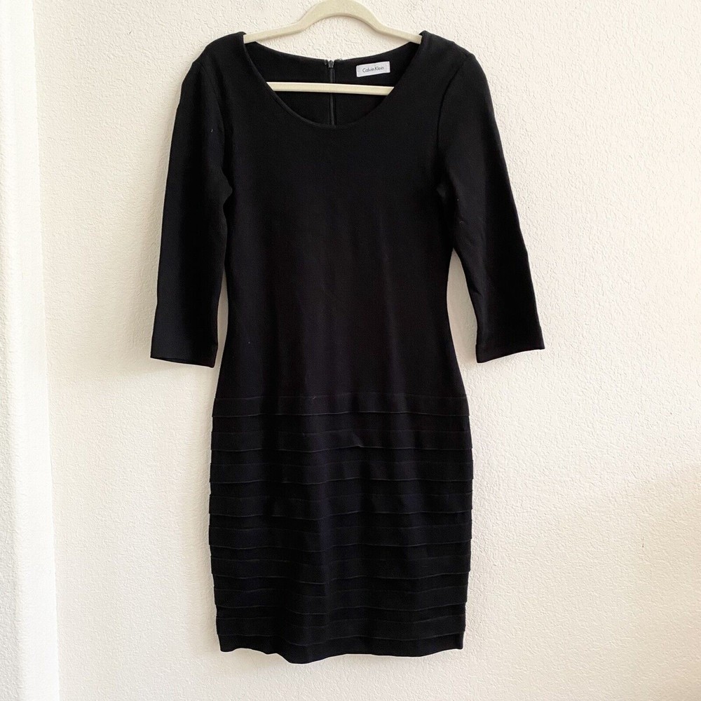 Calvin Klein Womens A Line Dress Black Ribbon Short Long Sleeve Zipper Back SZ M